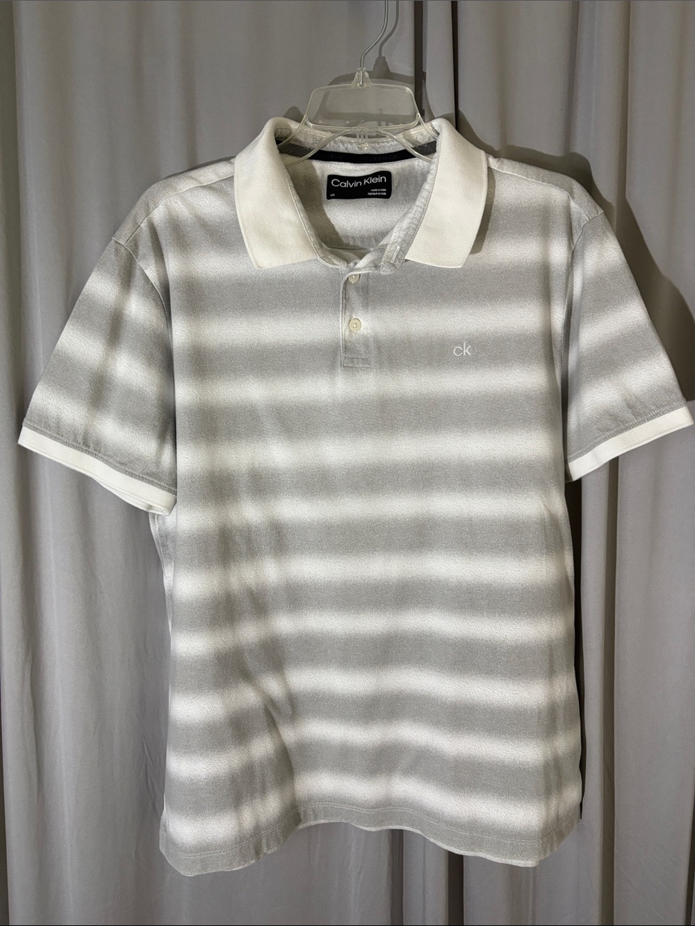 Calvin Klein Men's Light Gray and White Striped Polo